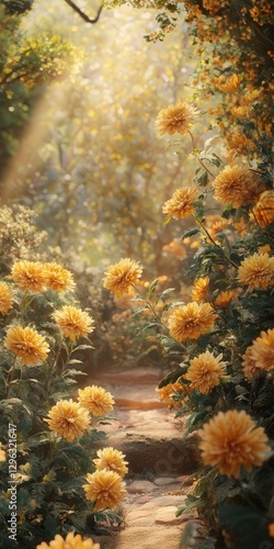 yellow and orange chrysanthemums in a rustic garden setting. The bright flowers are bathed in sunlight