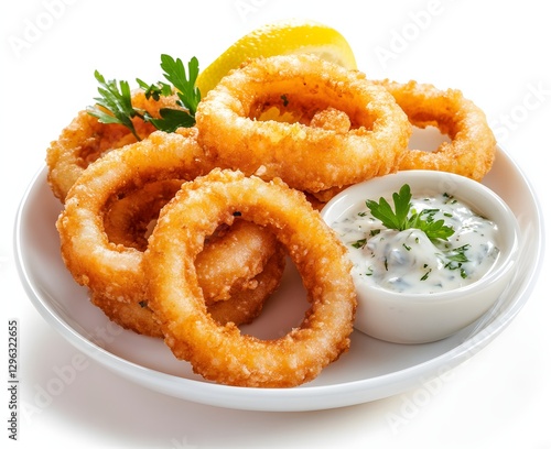 Fried squid rings with lemon and tartar sauce, isolated on a white background, side view, Generative AI photo