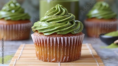 Matcha Cupcakes on Bamboo Mat photo