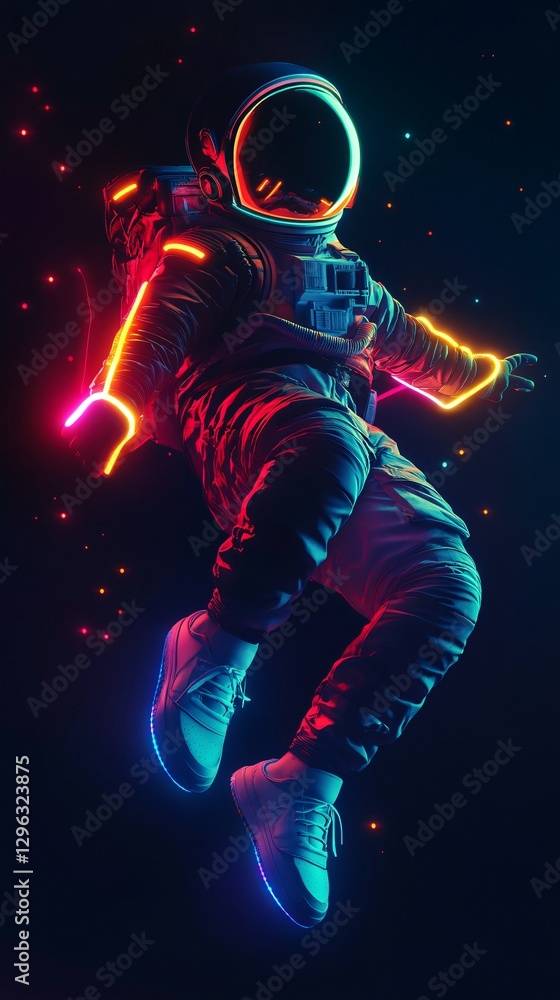 Fototapeta premium A vibrant, floating astronaut in space, surrounded by a spectrum of dazzling colors, symbolizing exploration, freedom, and the infinite possibilities of the universe. This concept captures the awe-ins