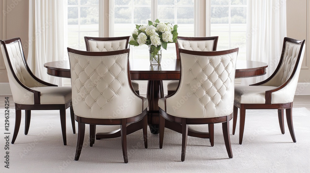 Fototapeta premium Elegant Round Dining Table with Stylish Upholstered Chairs and Flowers