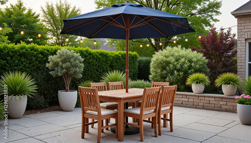 Classic navy blue outdoor umbrella providing shade to wooden dining table on patio