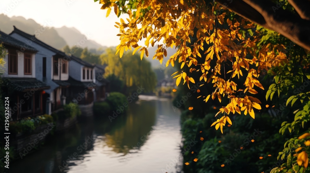 Obraz premium Autumn Canal Town - Tranquil autumn scene of a canal town, with golden leaves falling over the water and traditional houses lining the waterway