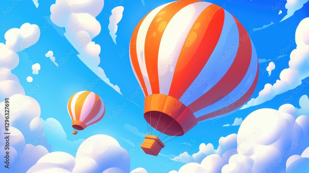 Obraz premium Colorful Hot Air Balloons Soaring Through a Sunny Sky with Fluffy Clouds