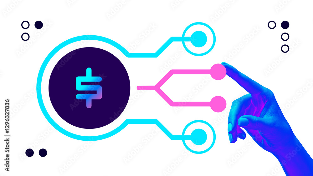 Futuristic design. Hand pointing at digital currency interface, visualizing fintech decision-making and automated investments. Concept of finance, digital banking and economy, innovation. Futuristic design. Hand pointing at digital currency interface, visualizing fintech decision-making and automated investments. Concept of finance, digital banking and economy, innovation.