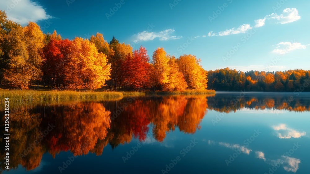 Fototapeta premium Autumn Reflections on Calm Lake - Vibrant autumn foliage reflected in a tranquil lake under a clear blue sky. Peaceful fall scenery