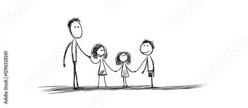 A simple line drawing family  including a father  mother 