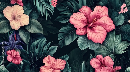 Wallpaper Mural A beautiful and vibrant floral design featuring trendy botanical elements, retro hand-drawn leaves, and blooming flowers Torontodigital.ca