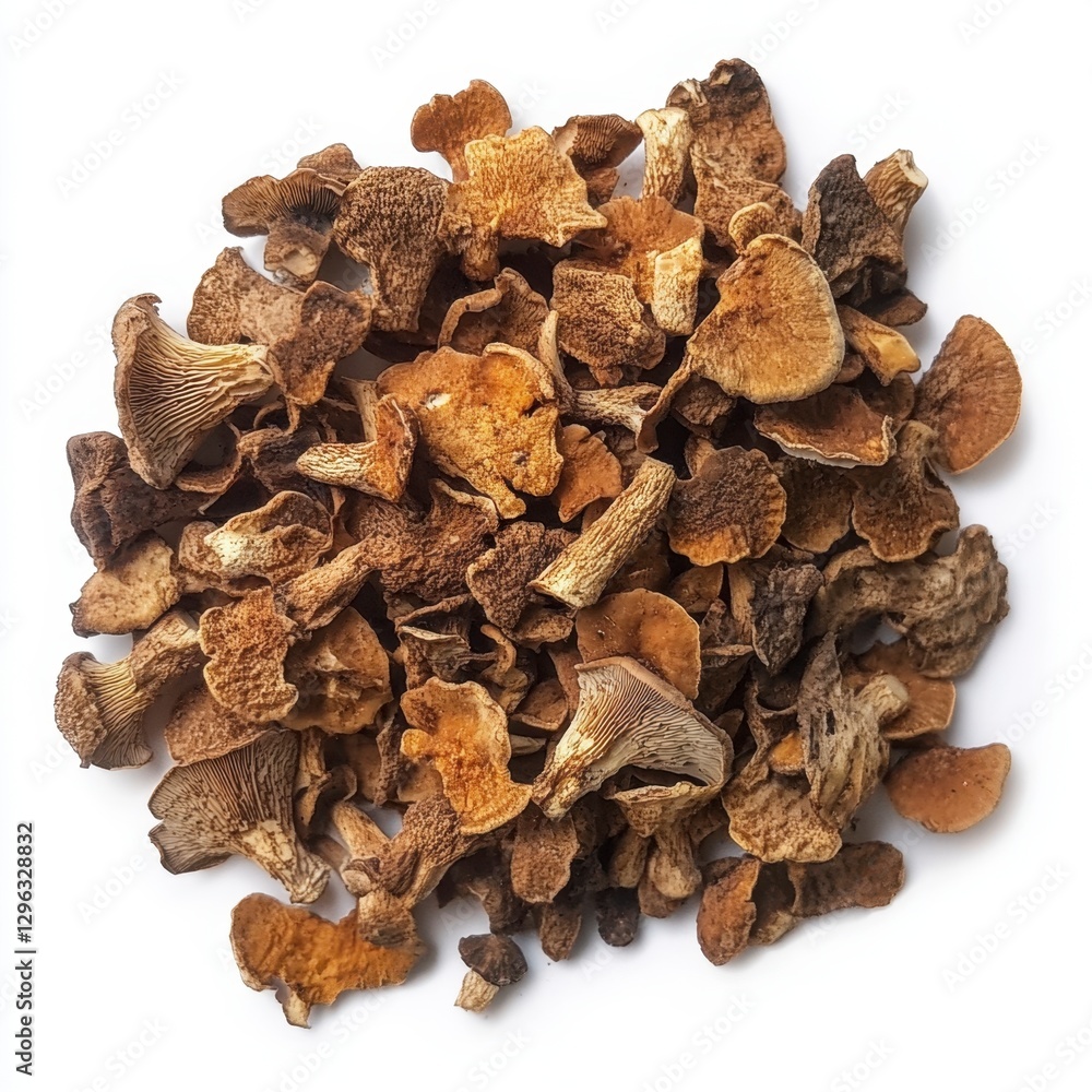 Fototapeta premium Dried Mushroom Pieces on White Background for Culinary Uses