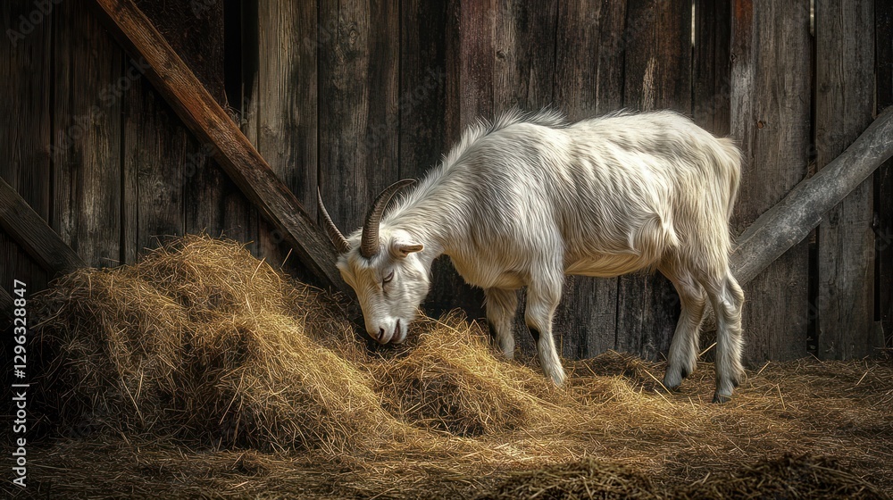 White goat eating hay in front of rustic wooden barn. White goat eating hay in front of rustic wooden barn.