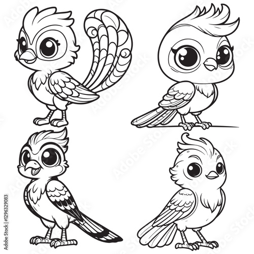 "High-Quality Cute Cartoonic Trogon Standing Pose Outline Vector Illustrations"