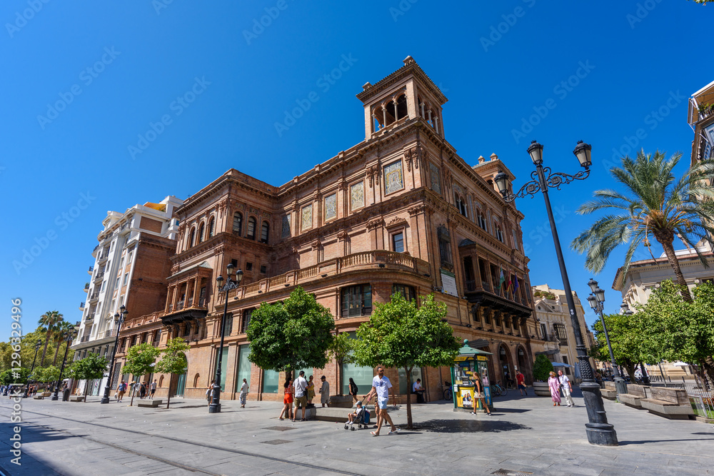 Seville, Spain - August 01, 2024: Walking the streets of the old town of Seville, Spain.