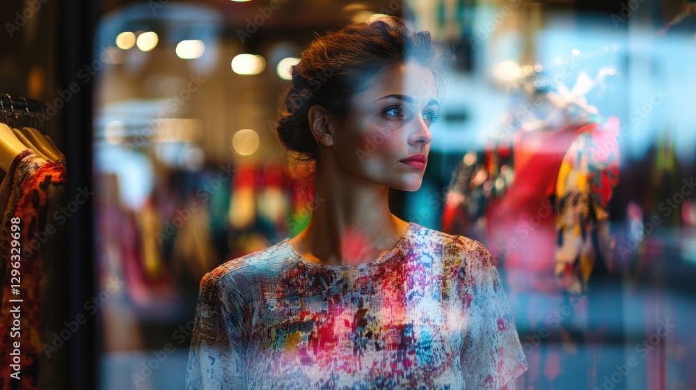 A woman, her brow furrowed, gazed upon a kaleidoscope of colors and patterns displayed on the mannequins within a bustling clothing boutique. Her gaze lingered on the vibrant hues, contemplating the A woman, her brow furrowed, gazed upon a kaleidoscope of colors and patterns displayed on the mannequins within a bustling clothing boutique. Her gaze lingered on the vibrant hues, contemplating the