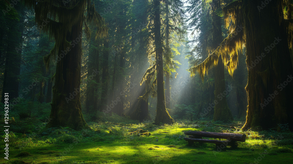 Obraz premium Mystical ancient forest bathed in golden sunlight for nature and tranquility themes