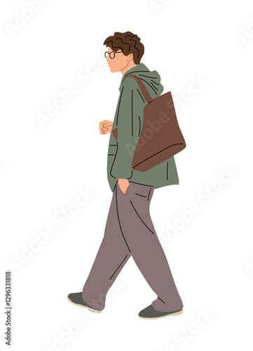 Young man wearing glasses and a green jacket walks down the street with a brown bag on his shoulder. Flat vector illustration isolated on transparent background