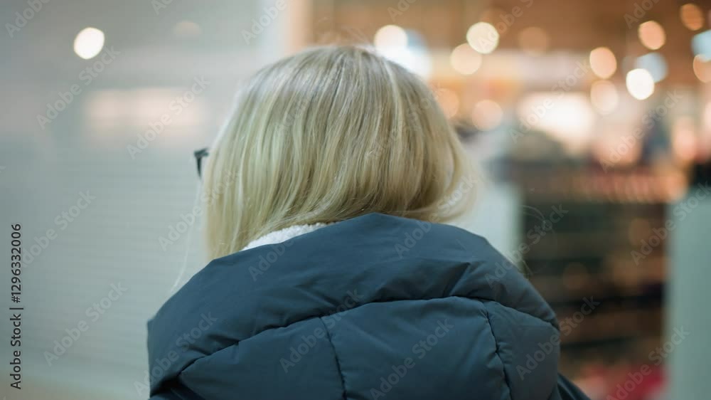 Rear head view of young lady in glasses and black hoodie walking through well-lit mall, soft bokeh light effect seen through glass with reflections with blurred background Rear head view of young lady in glasses and black hoodie walking through well-lit mall, soft bokeh light effect seen through glass with reflections with blurred background