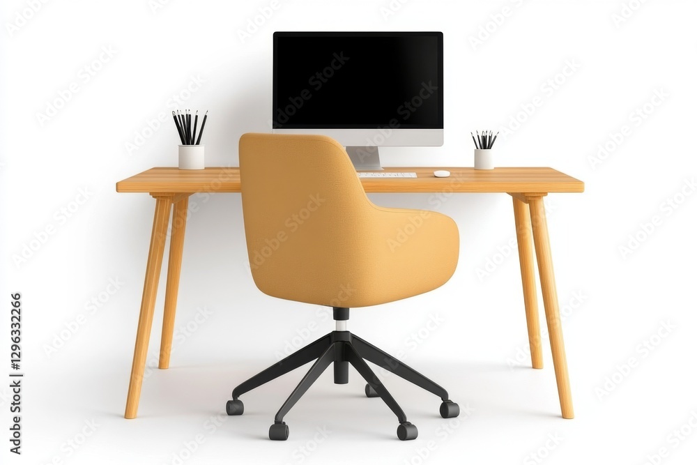 Fototapeta premium a 2D cartoon illustration of a home office with a desk, computer, and chair, modern and organized, white background