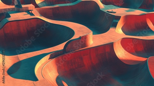 Geometric layout of an urban skate park with strong shadows and a warm sunset hue, ultra-realistic cinematic shot