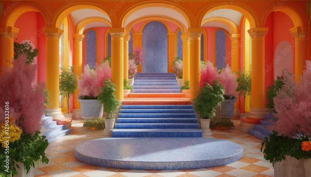 Fototapeta premium Maximalist Interior with Vibrant Colors, Arches, and Grand Staircase