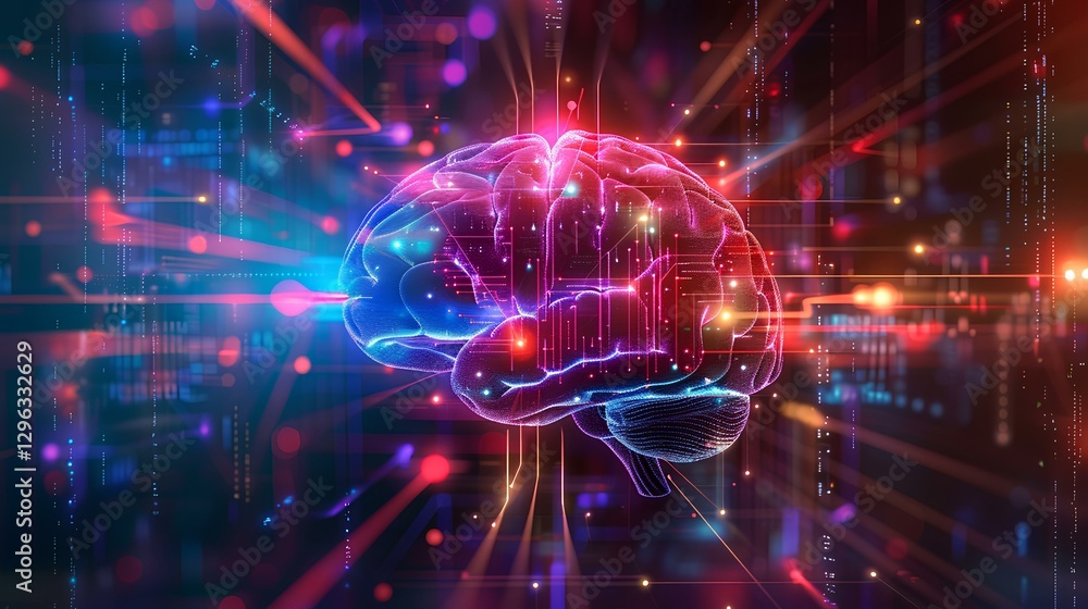 Obraz premium Fusion of a brain image with digital circuits and glowing lines, symbolizing artificial intelligence and human intelligence