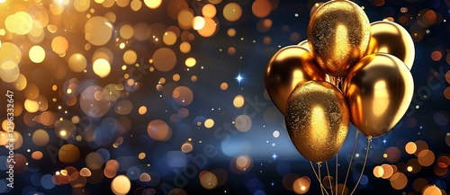Gold balloons on a dark background with glitter and bokeh lights. Happy birthday, New Year or other celebration event banner design in the style  of various artists