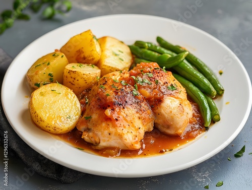 Beef braised with potatoes and green beans on a white plate, a real photograph, Generative AI