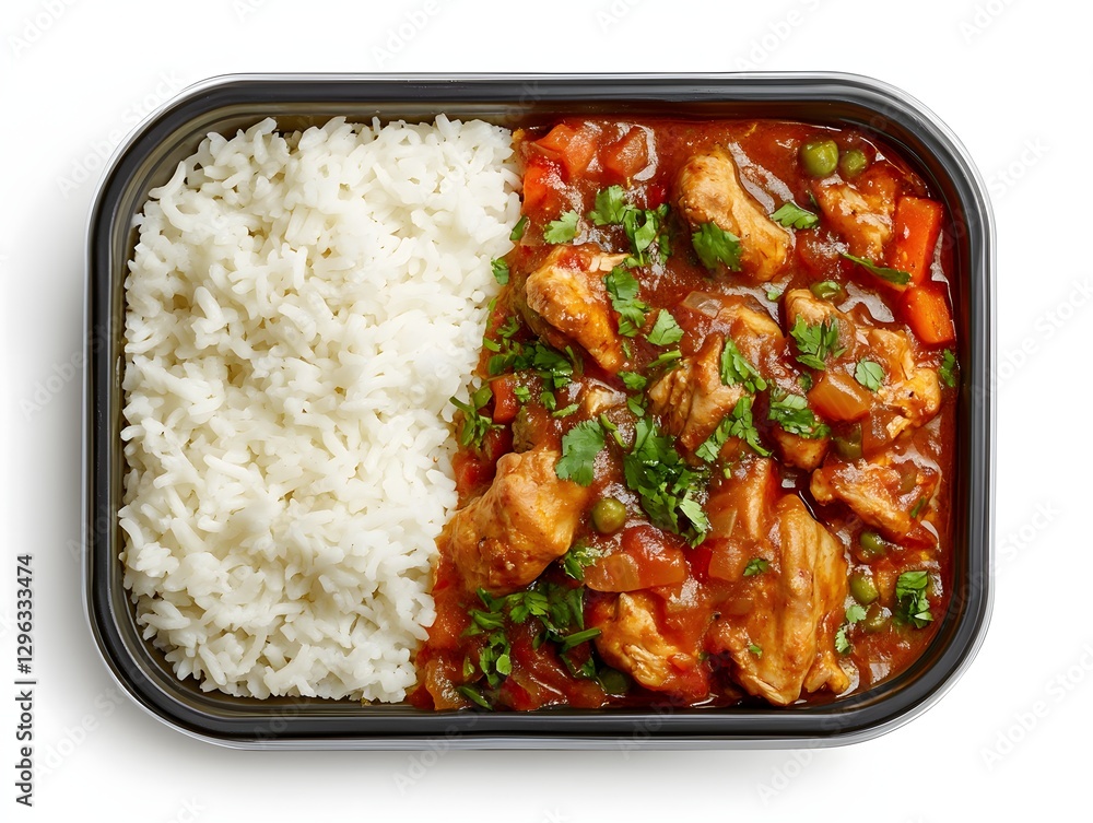 Chicken in Filipino-style sauce with rice, served in a plastic tray on a white background, Generative AI Chicken in Filipino-style sauce with rice, served in a plastic tray on a white background, Generative AI