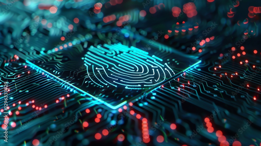 A glowing fingerprint icon on a circuit board with red and blue lights. A glowing fingerprint icon on a circuit board with red and blue lights.