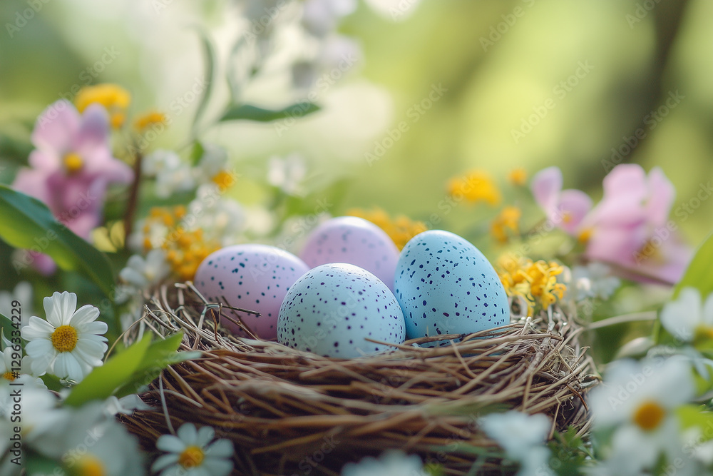 Fototapeta premium Happy Easter day. Blue and pink Easter eggs lie in a bird's nest. Spring white and yellow flowers and light green plants, sunlight, morning atmosphere.
