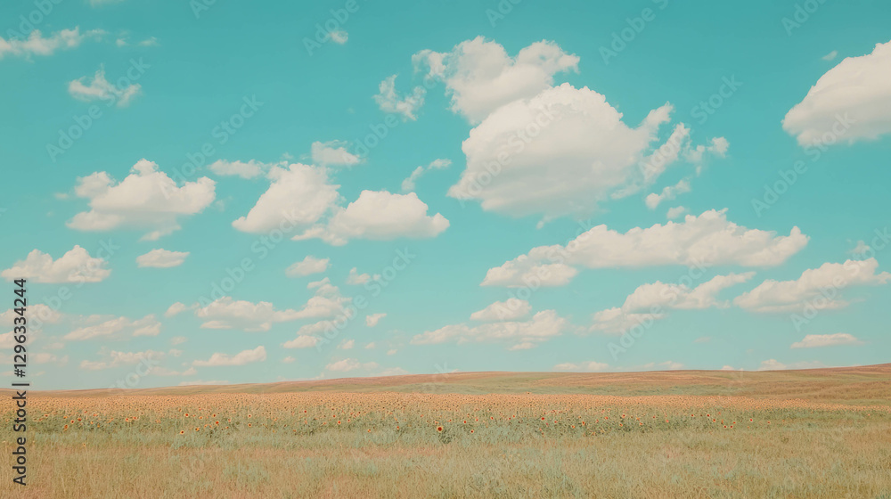 Fototapeta premium Idyllic landscape with sunflowers and expansive sky for nature lovers and tranquil retreats
