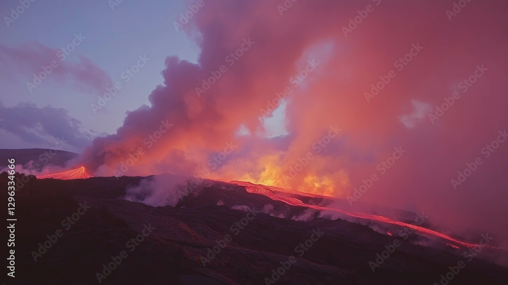 Fototapeta premium Majestic volcanic landscape with flowing lava and plumes at sunset