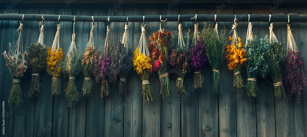 Fototapeta premium _Dried_flowers_and_herbs in the wall.