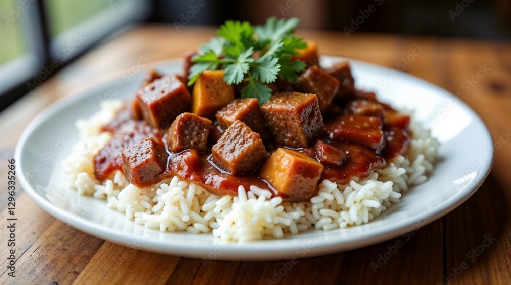 Delicious Vegetarian Plate of Rice with Tomato Gravy and Protein Cubes Delicious Vegetarian Plate of Rice with Tomato Gravy and Protein Cubes