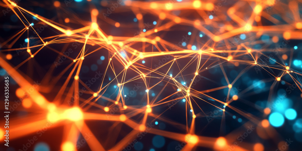 Fototapeta premium A futuristic 3D abstract background featuring an intricate web of glowing energy lines forming a complex neon network. The seamless reflections, smooth gradients, and pulsating cybernetic light