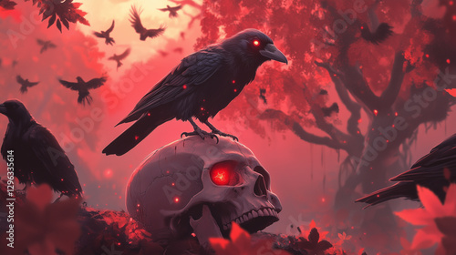 spooky raven sitting on a skull  in a mystical forest, ideal for book covers, gothic art, Halloween themes, and dark storytelling photo