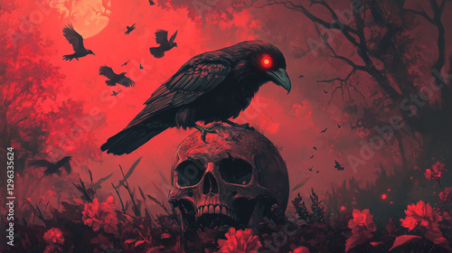 spooky raven sitting on a skull  in a mystical forest, ideal for book covers, gothic art, Halloween themes, and dark storytelling photo