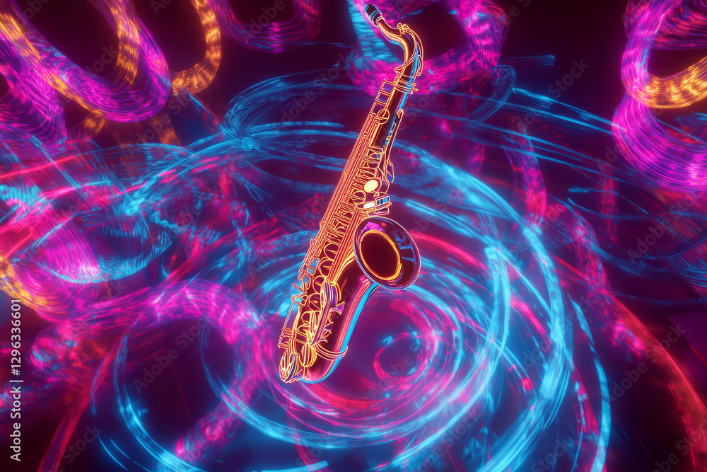 Obraz premium A futuristic 3D music background featuring a levitating, holographic saxophone surrounded by swirling neon sound waves. Each note creates a ripple of vibrant energy, forming mesmerizing patterns in an
