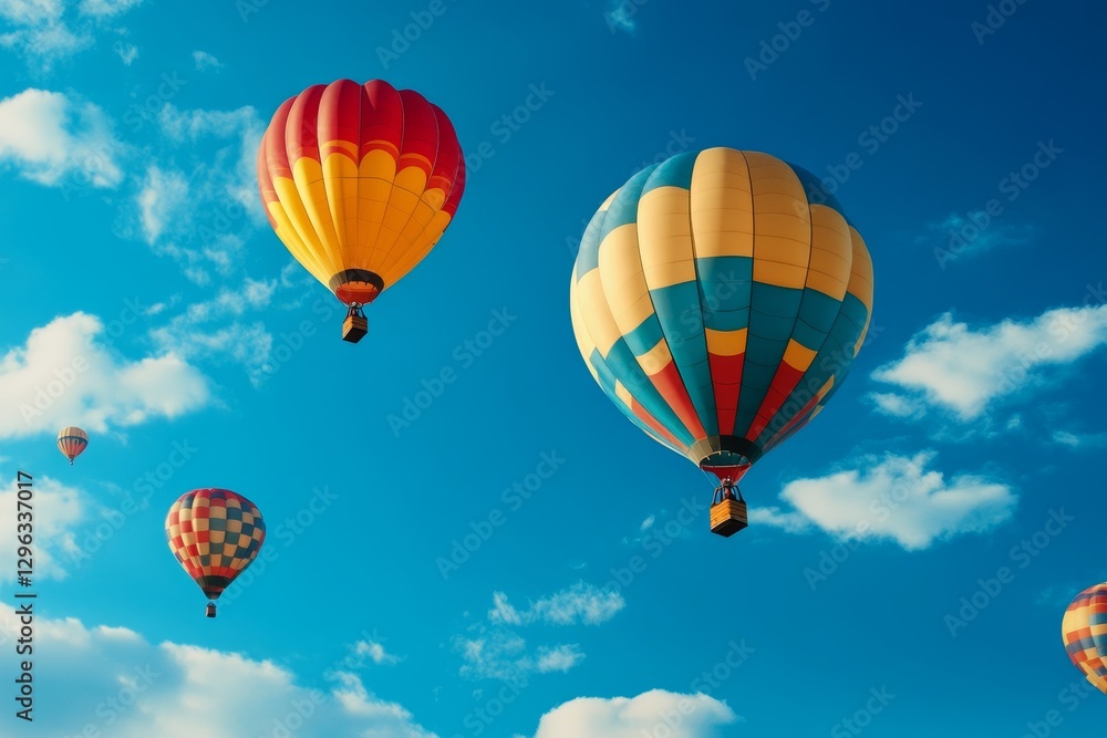 Colorful Hot Air Balloons Soaring High - Freedom, adventure, exploration, serenity, joyful flight. Hot air balloons drift against a vibrant blue sky Colorful Hot Air Balloons Soaring High - Freedom, adventure, exploration, serenity, joyful flight. Hot air balloons drift against a vibrant blue sky