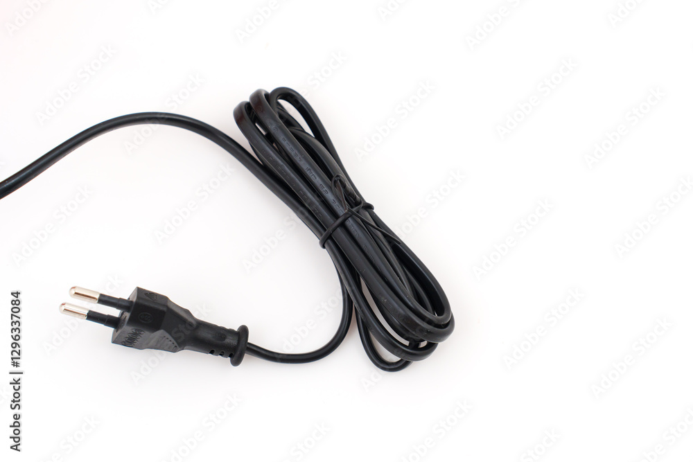 Black power cable with plug and socket isolated on white background. Black power cable with plug and socket isolated on white background.