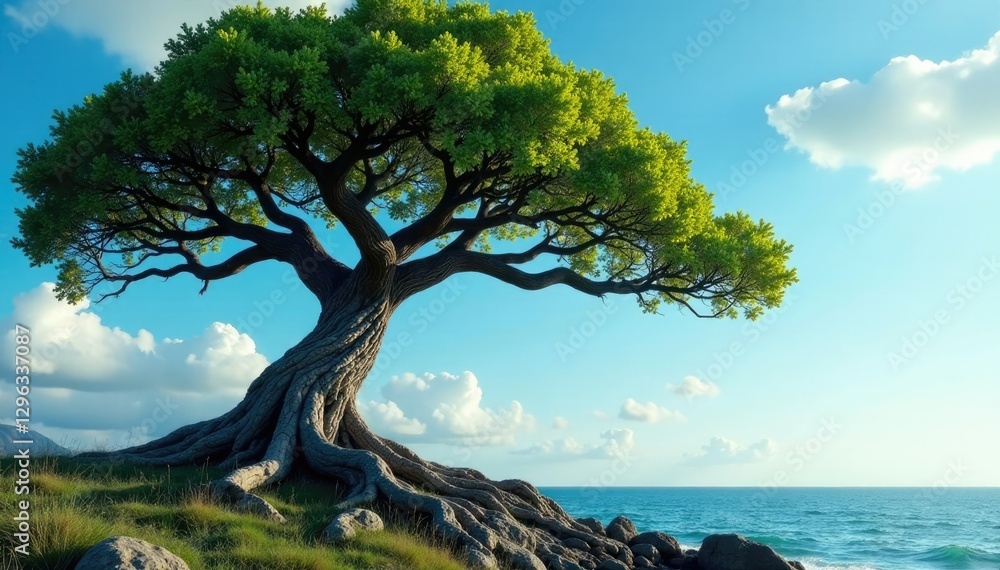 Ancient tree with gnarled branches and twisted roots stretching towards the sky, branches, ancient Ancient tree with gnarled branches and twisted roots stretching towards the sky, branches, ancient