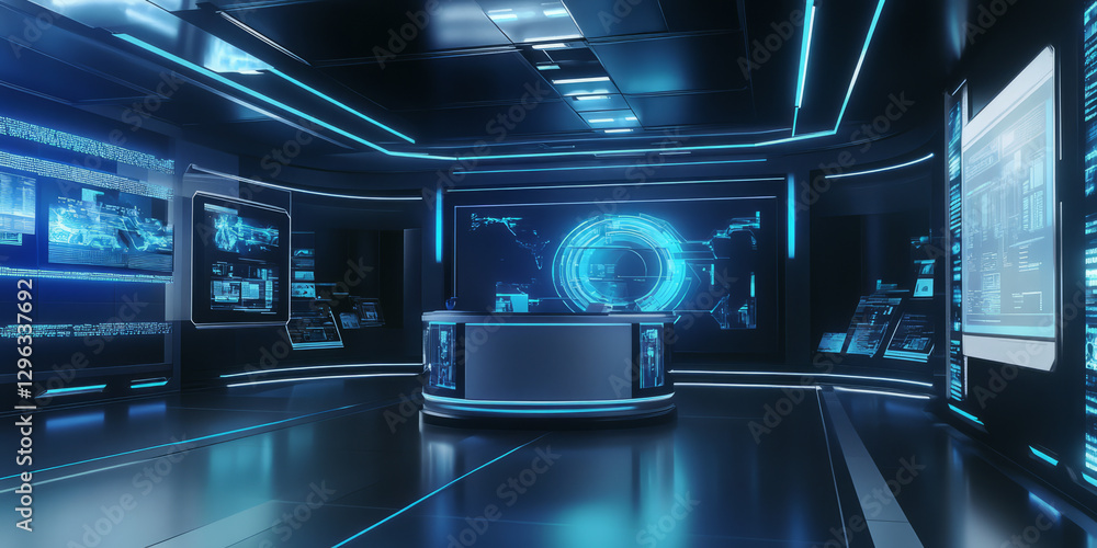 A futuristic lab-themed 3D background featuring a podium embedded with holographic projections and interactive digital panels. The clean, sterile environment, combined with advanced technological A futuristic lab-themed 3D background featuring a podium embedded with holographic projections and interactive digital panels. The clean, sterile environment, combined with advanced technological