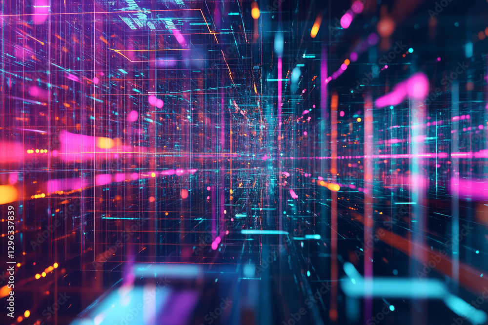 Obraz premium A high-tech 3D abstract background with layers of translucent, holographic panels arranged in a complex digital mosaic. The vibrant neon outlines, dynamic reflections, and intricate network of