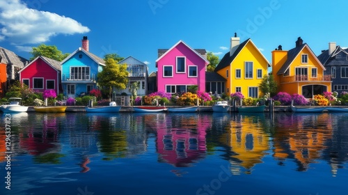 Colorful Waterfront Homes - Vibrant row of colorful houses along a calm waterfront, reflecting in the water. Perfect for real estate, travel, or home decor