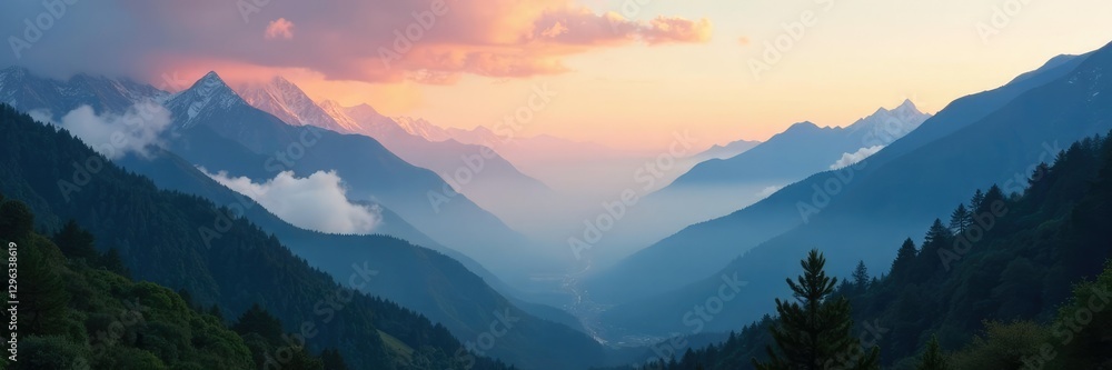 Obraz premium Serene Himalayan valley at dawn with misty mountains and a cloudy sky, mist, mountains