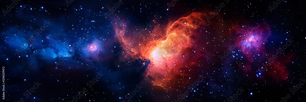 Fototapeta premium Cosmic Nebulae: A Celestial Tapestry - Vibrant nebulae in shades of red, blue, and pink, illuminated by distant stars, create a breathtaking cosmic landscape
