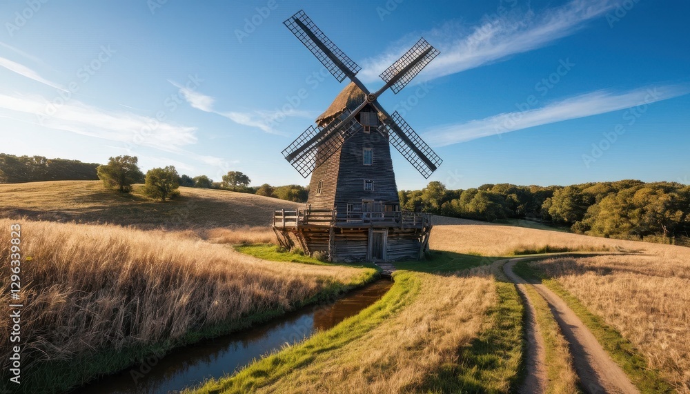 Picturesque Wooden Windmill in a Golden Wheat Field under a Sunny Sky A Serene Rural Landscape Picturesque Wooden Windmill in a Golden Wheat Field under a Sunny Sky A Serene Rural Landscape