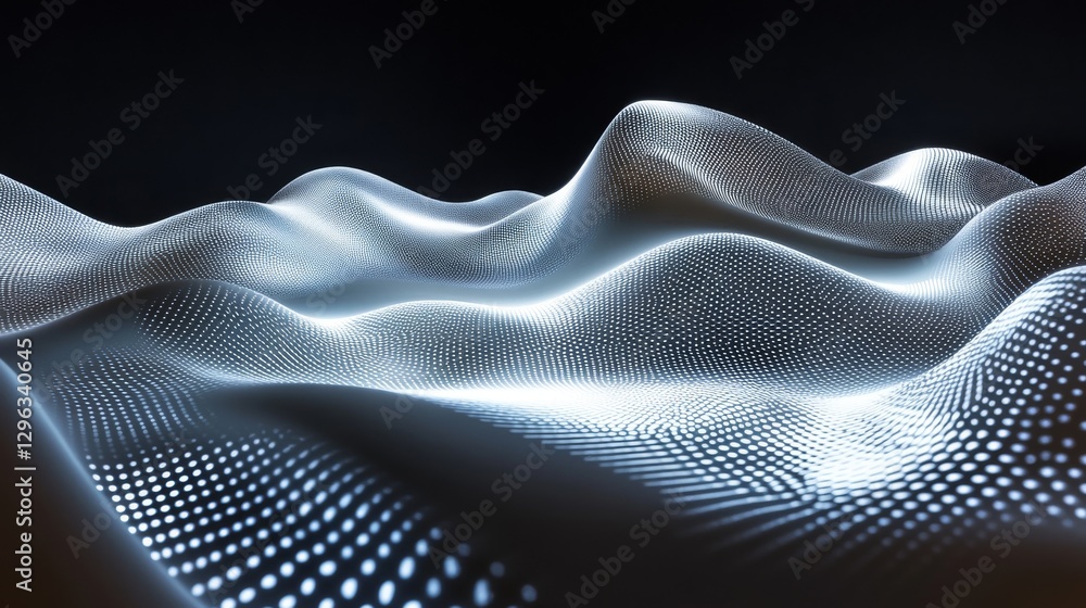 A digital abstract rendering showing glowing dotted undulating shapes A digital abstract rendering showing glowing dotted undulating shapes