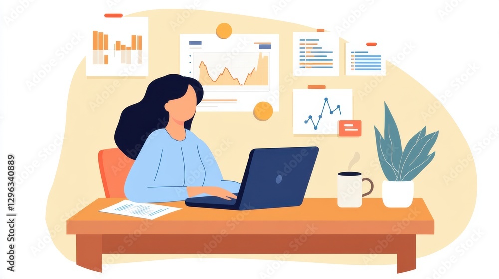 A professional woman analyzing market trends on her laptop, with a A professional woman analyzing market trends on her laptop, with a