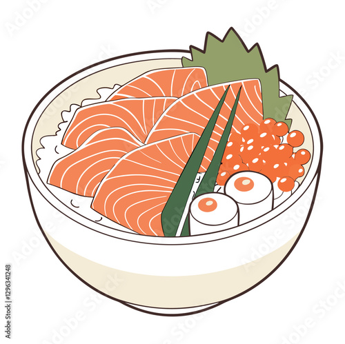 colourful seafood donburi with fresh sashimi slices, ikura (salmon roe), and shredded nori on a bed of rice, on a white plate.