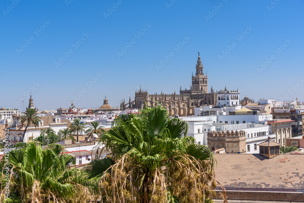 Seville, Spain - August 01, 2024: Sevilla Cathedral (Catedral de Santa Maria de la Sede), Gothic style architecture in Spain, Andalusia. Historic buildings and monuments of Seville, Spain.